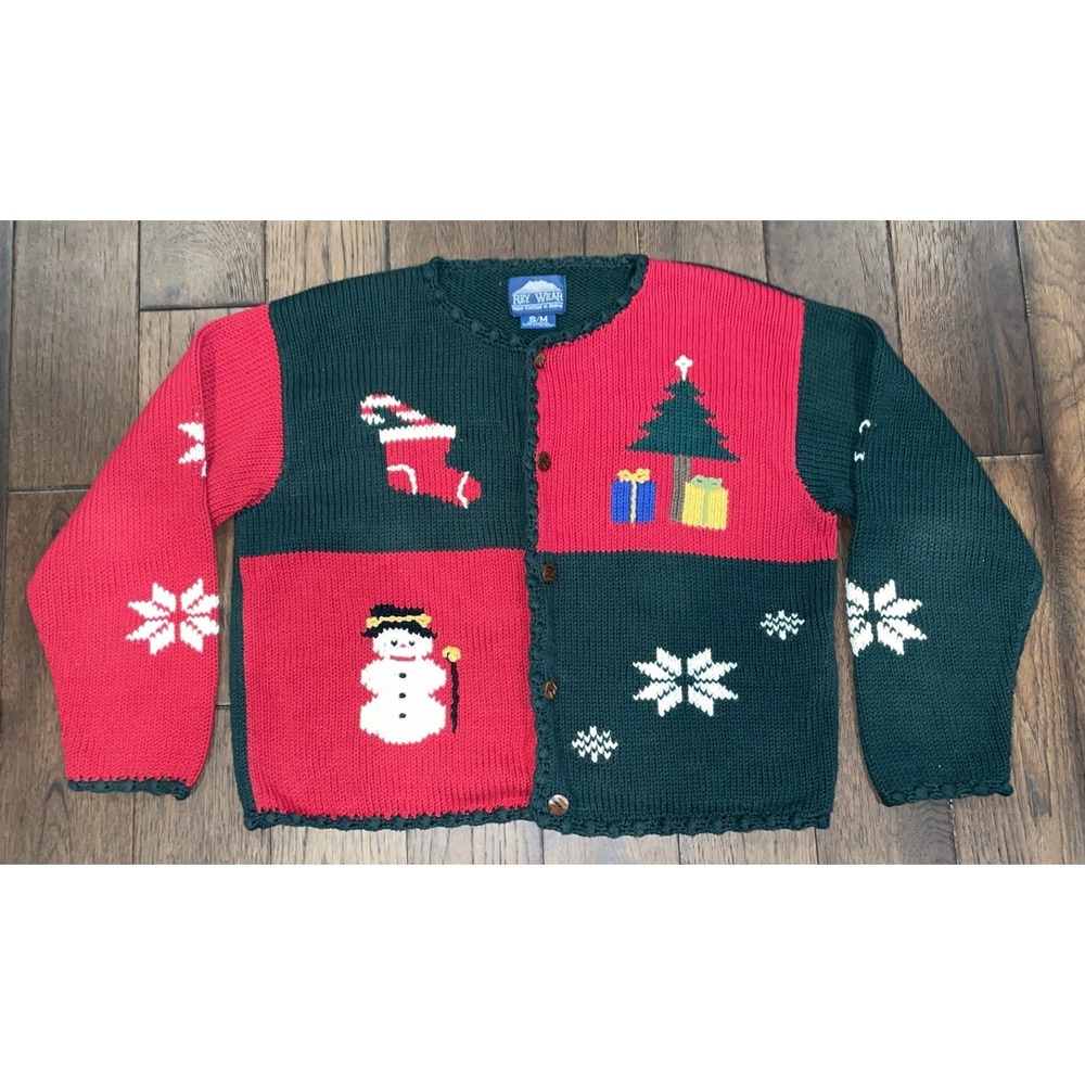 Vintage 90s Rey Wear Hand Knit Cardigan‎ Sweater S/M Christmas Snowman